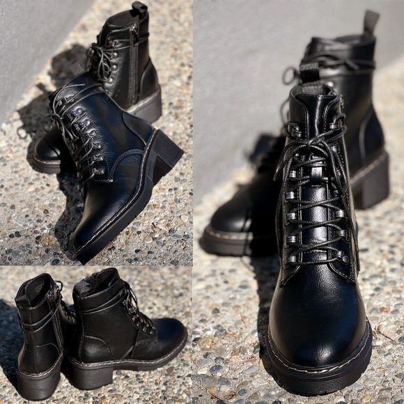 NEW Black Faux Vegan Leather Laced Up Lug Sole Platform Ankle Combat Boots Shoes - Picture 4 of 15